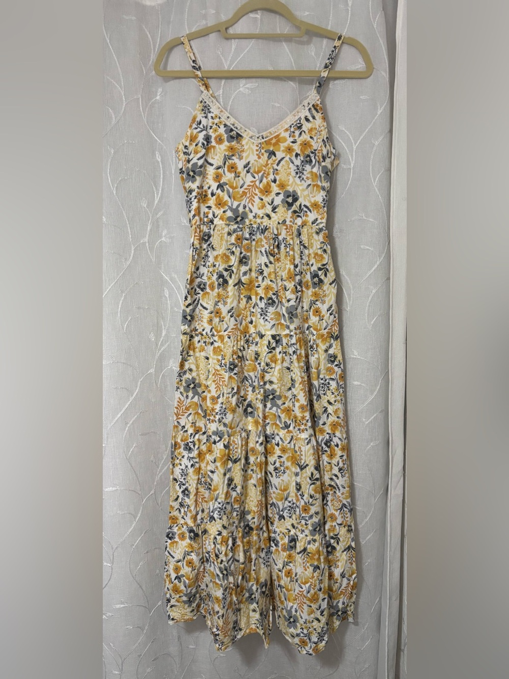Rachel Zoe Yellow and Gray Floral Tiered Maxi Dress